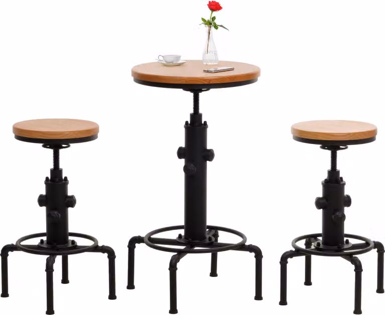 Mendler Juego de mesa de bar con 2 taburetes HWC-N23 de estilo industrial, mesa alta regulable y taburetes giratorios con reposapiés, madera de pino y metal, color negro y marrón
