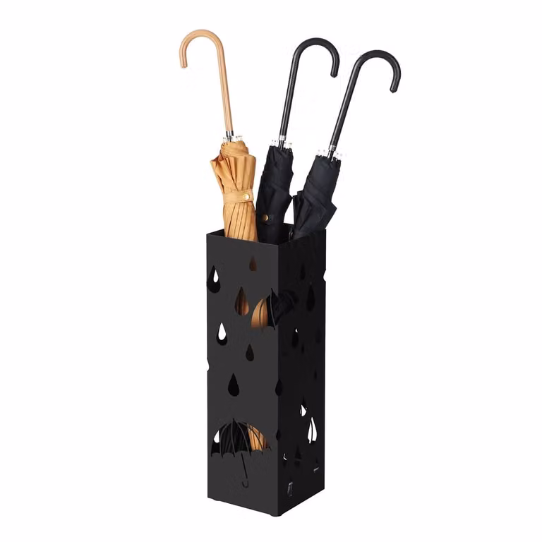 Paragüero Songmics de metal con bandeja de goteo extraíble y 4 ganchos, negro, An/P/Al: 15,5 x 15,5 x 49 cm