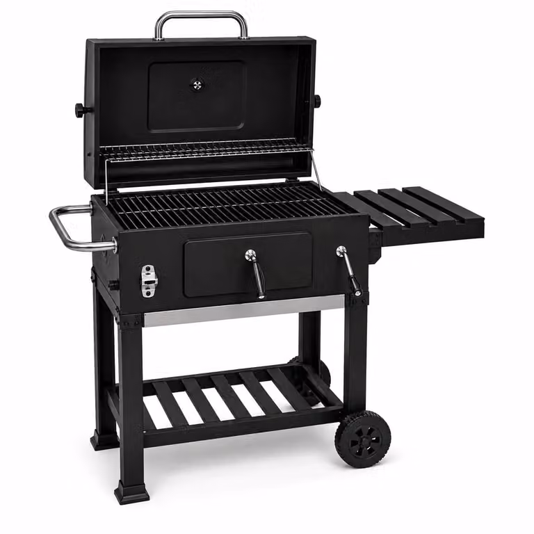 Barbacoa de carbón Lorvik con tapa, carro auxiliar, rejilla de calentamiento y ruedas en color negro