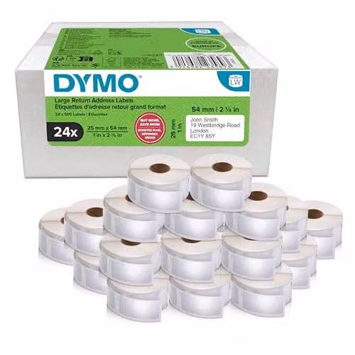 Pack de 24 rollos de etiquetas de dirección DYMO LW para LabelWriter, 12.000 unidades autoadhesivas en blanco y negro, 25 mm x 54 mm