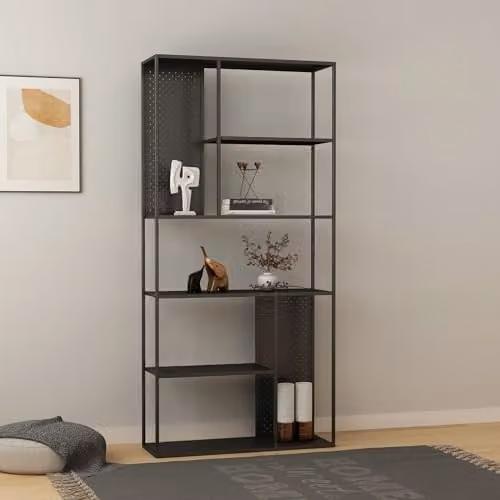 Estantería de pie Vehmaa en.casa con 7 compartimentos abiertos y 2 paneles perforados, estilo industrial en negro, Al 188 x An 90 x P 35 cm