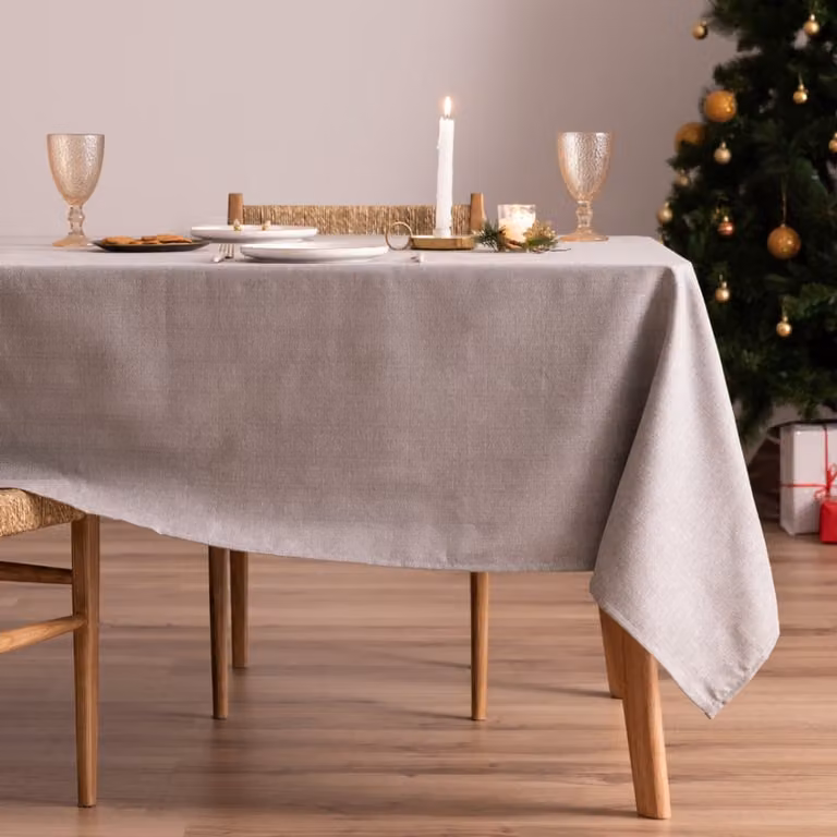 Mantel de Navidad Mint de Algodón Gris y Plata, Repelente al Agua y a las Manchas, An/P: 155 x 350 cm