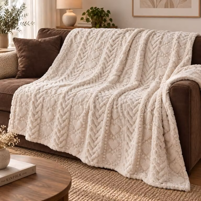 Manta de forro polar fluffy Alo Home en color beige con relieve de corazones, An x Al: 160 x 220 cm
