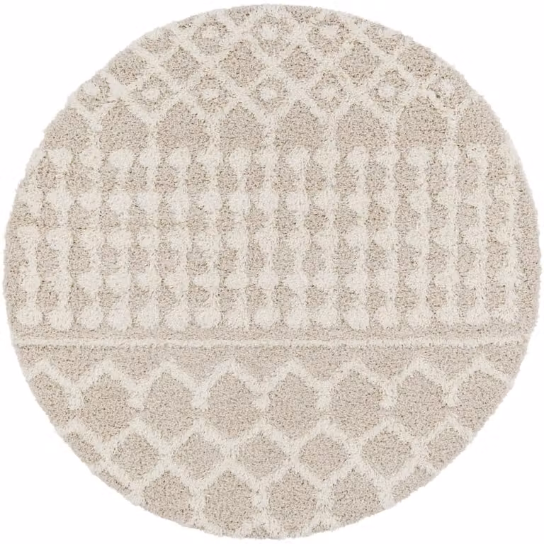Alfombra redonda shaggy bohemia Livabliss en color beige con diseño geométrico, Diámetro: 160 cm
