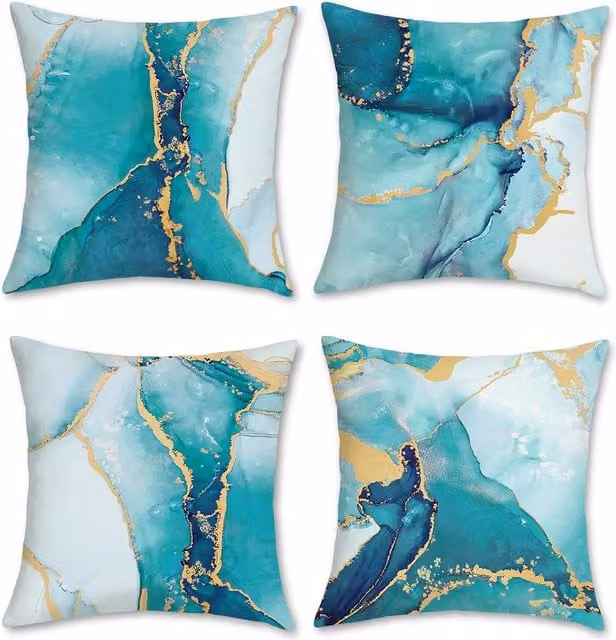 Juego de 4 fundas de cojín decorativas Bebusingoto de terciopelo suave con estampado de mármol turquesa y diseño abstracto dorado y verde azulado, 45 x 45 cm