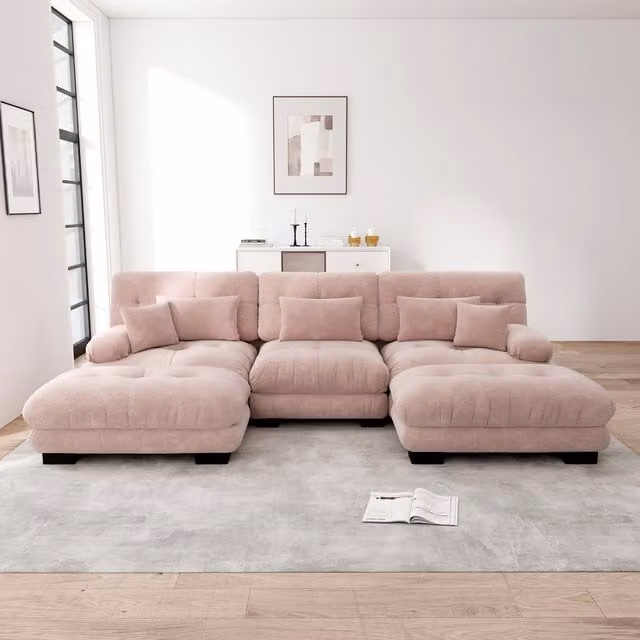 Sofá Esquinero Modular Kellany en Forma de U con Otomana y Función de Sofá Cama, Tapizado en Chenilla Rosa