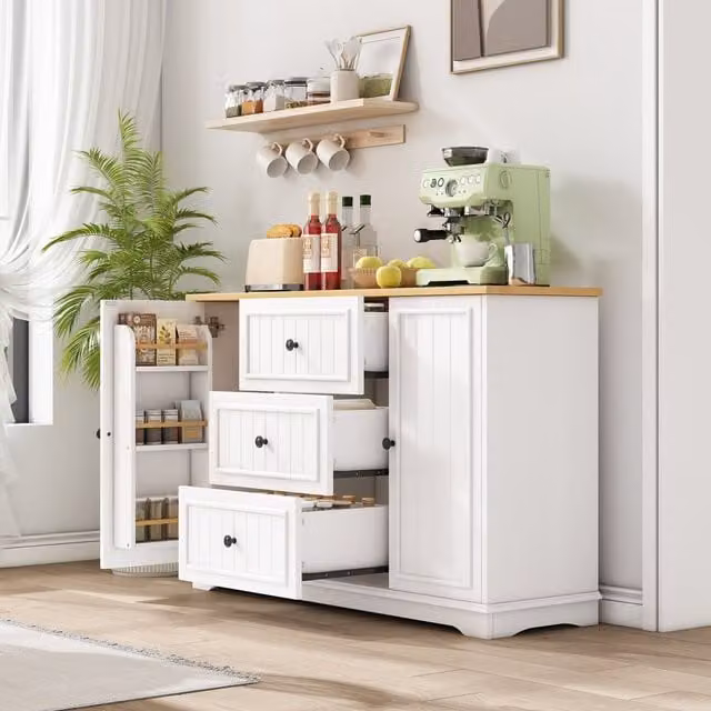Aparador bajo MODFU de estilo escandinavo en blanco y madera clara con 3 cajones y 2 puertas, An/P/Al: 126 x 40 x 86 cm