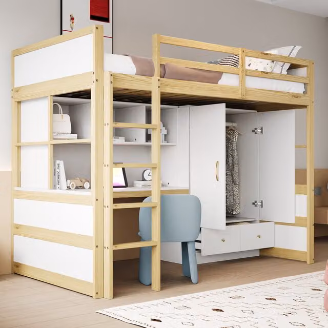 Cama Alta Individual MODENVIE de Madera de Pino con Escritorio, Armario y Cajones, Color Blanco y Marrón, An/P/Al: 90 x 200 cm