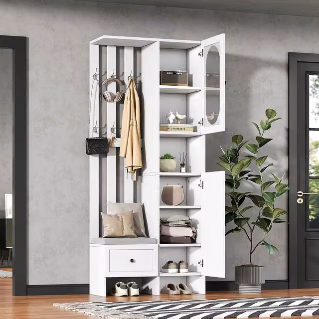 Mueble de entrada Modenvie con banco zapatero, 2 armarios, 6 ganchos y detalles en vidrio templado, color blanco, An/P/Al: 85 x 33.5 x 200 cm
