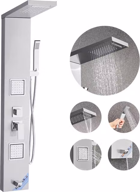 Columna de ducha Vevor de acero inoxidable cepillado en color plata con panel de pared, cabezal tipo lluvia, función de masaje y grifo de 5 funciones para montaje en pared