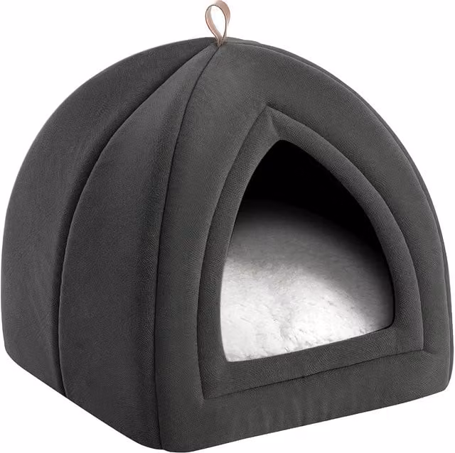 Cama para gatos y perros pequeños Bedsure con almohada acolchada extraíble y lavable, casita tipo cueva, Gris Oscuro, Diámetro: 38,1 cm