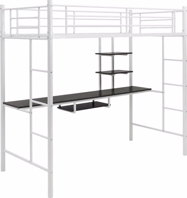 Estructura de cama alta Northix en metal blanco con escritorio, estantería integrada y compartimentos laterales para cama individual de 90x200 cm