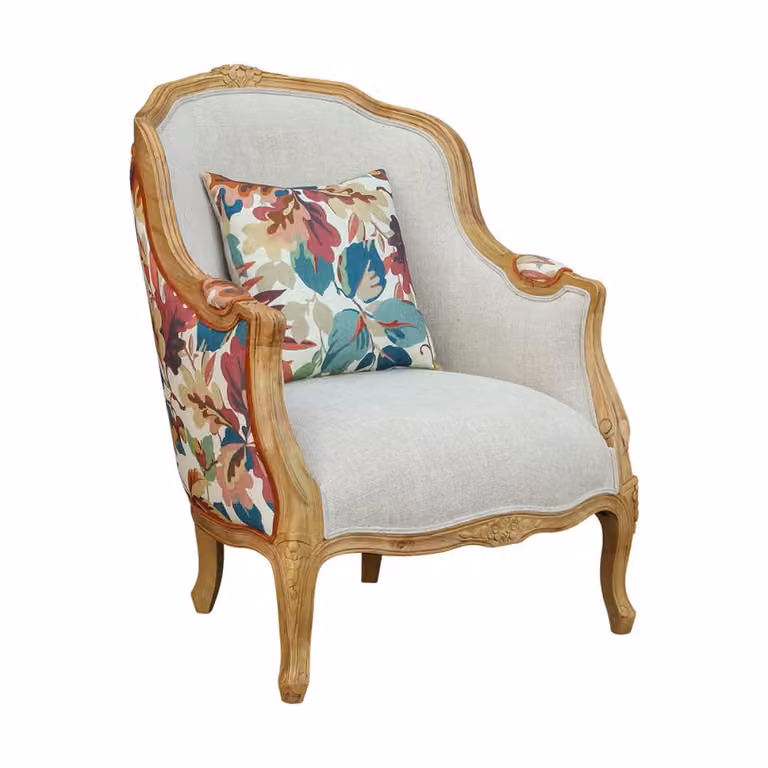 Sillón bergère clásico Robin des Bois de madera de caucho y lino beige con motivos florales