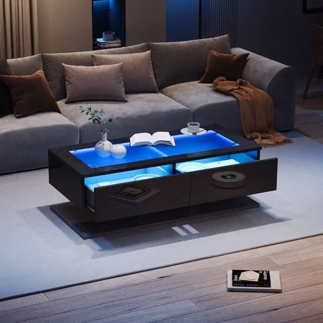 Mesa de centro moderna Dreammespace con iluminación LED, tablero de cristal templado y 2 cajones de almacenamiento, color negro, An/P/Al: 100 x 50 x 35 cm