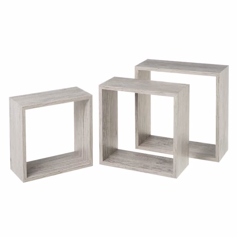 Set de 3 estantes de pared cuadrados modernos de casaselección en color gris mate con diseño geométrico de MDF An/P/Al: 30 x 12 x 30 cm, 27 x 12 x 27 cm y 24 x 12 x 24 cm