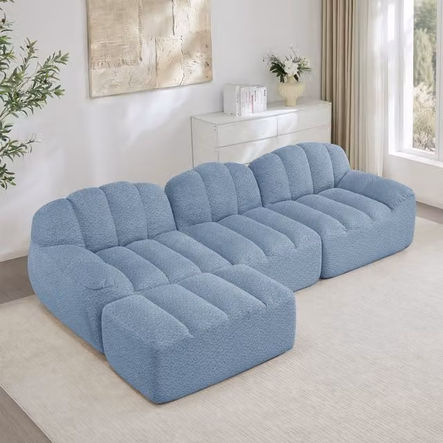Sofá Modular en Forma de L de 3 Plazas con Otomana KELLANY, Diseño Moderno Reversible en Tejido Azul con Espuma de Alta Densidad