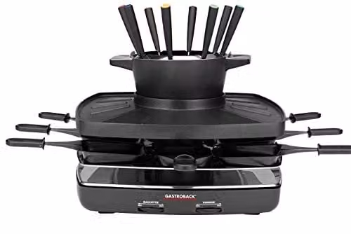 Gastroback Family and Friends 42567 Juego de fondue y raclette para 8 personas con base de cerámica y parrilla acanalada, antiadherente y apta para lavavajillas, color negro y plateado