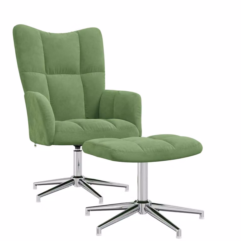 Sillón de relax con taburete vidaXL en terciopelo verde claro con estructura de metal y giro de 360 grados