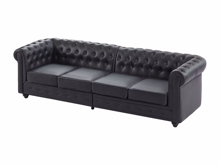 Sofá Chesterfield de 4 plazas Vente-Unique en piel sintética negra con estructura de madera sólida