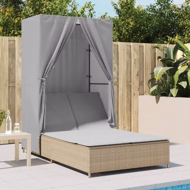 Tumbona doble SYFAX de ratán sintético con techo, cortinas y reposacabezas ajustable en color beige
