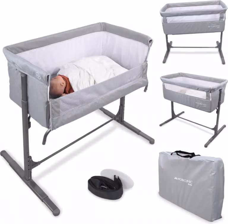 Cuna auxiliar 2 en 1 Mobiclinic modelo Moon para bebé en blanco y gris con correas de sujeción, 5 niveles de altura ajustable, ruedas y bolsa de transporte