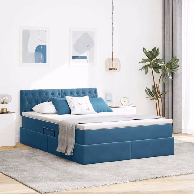 Cama con almacenamiento Maison Exclusive en terciopelo azul oscuro y blanco, An/P/Al: 140 x 200 x 88 cm