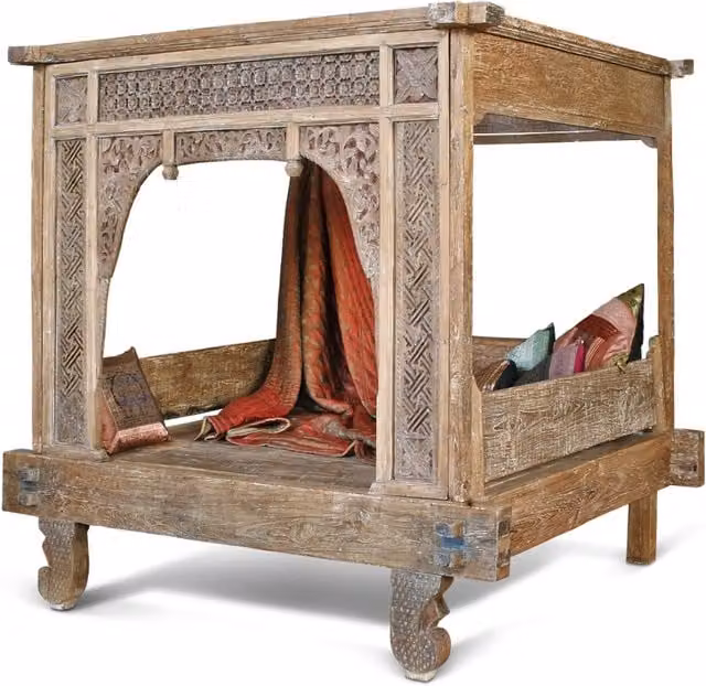 Cama con dosel FIJALO de madera maciza en color marrón con cajones, An/P/Al: 225 x 160 x 206 cm