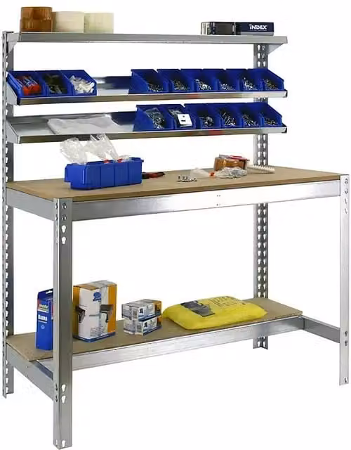 Banco de trabajo Simonrack BT1 de acero galvanizado y madera, color gris, Ancho: 121 cm, Carga soportada: 600 kg