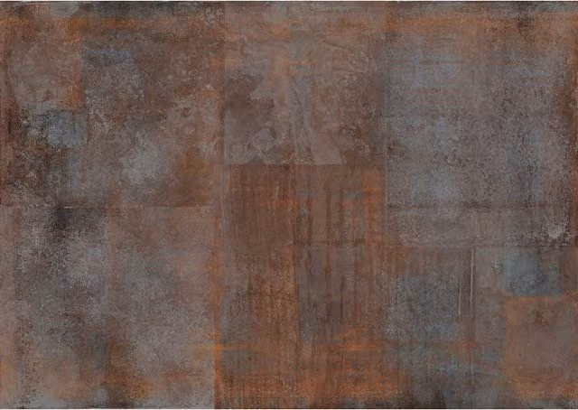 Mural de papel pintado Rasch estilo industrial con diseño de placas de metal loft en colores naranja y multicolor, material vinilo y TNT, An: 424 cm, Al: 300 cm