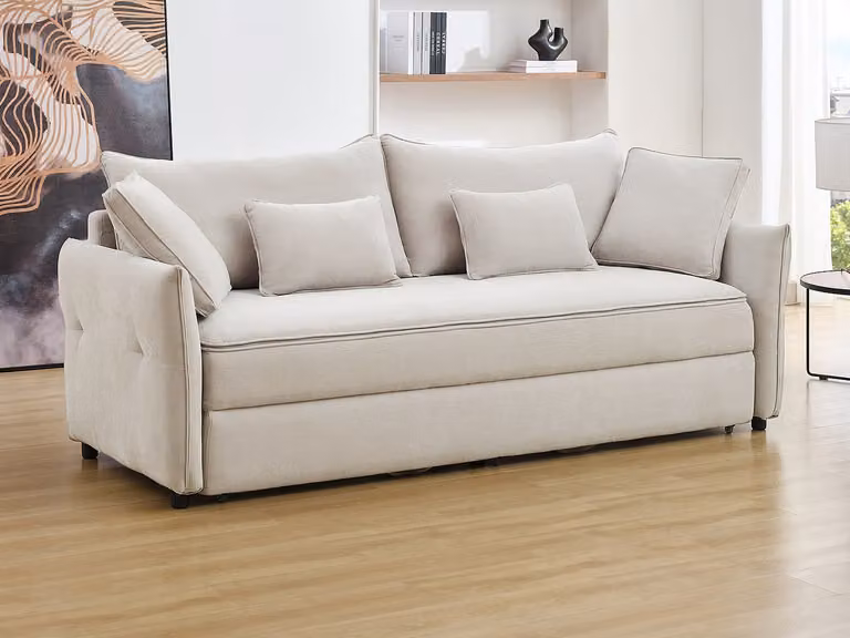 Sofá cama de 3 plazas SITALA tapizado en tela beige con cojines y fundas extraíbles, An/P/Al: 220 x 92 x 87 cm, superficie de descanso de 140 x 190 cm
