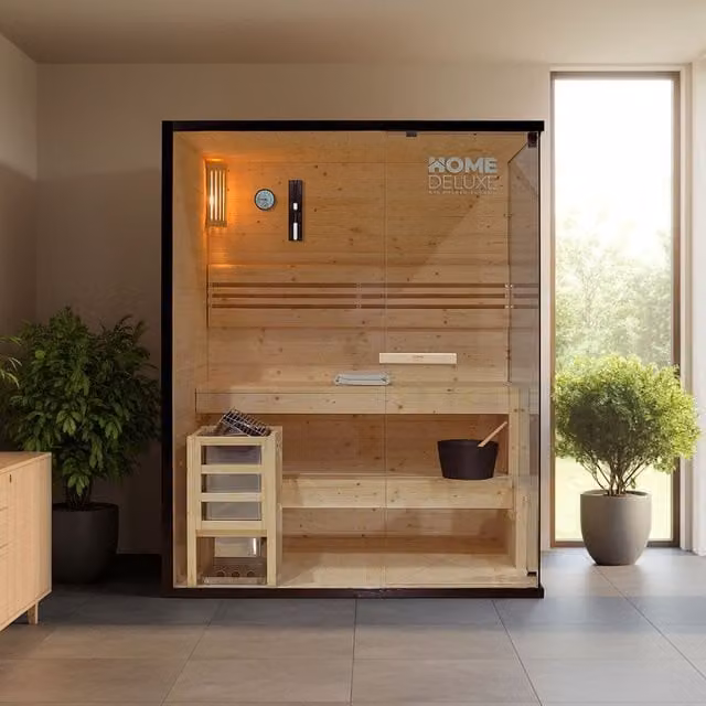 Sauna finlandesa tradicional Home Deluxe SHADOW L de madera color marrón para 3 personas, An: 150 cm, P: 120 cm, Al: 120 cm