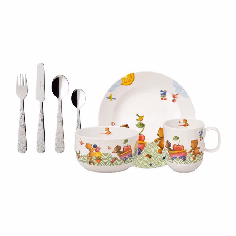Set de vajilla infantil Kiddy Bears de Villeroy & Boch en color rojo, compuesto por 7 piezas de porcelana y acero inoxidable