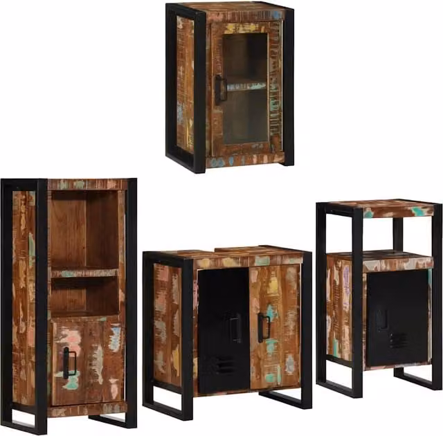 Juego de muebles de baño moderno SYFAX de 4 piezas en madera y metal color negro y multicolor con mueble lavabo, armario alto y armario de pared An/P/Al: 68.3 x 55.0 x 35.0 cm