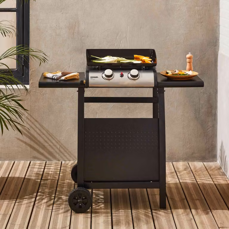 Plancha de gas Sweeek de 2 quemadores de 5kW con carrito, estante y ruedas, color negro - An/P/Al: 107 x 55 x 106 cm