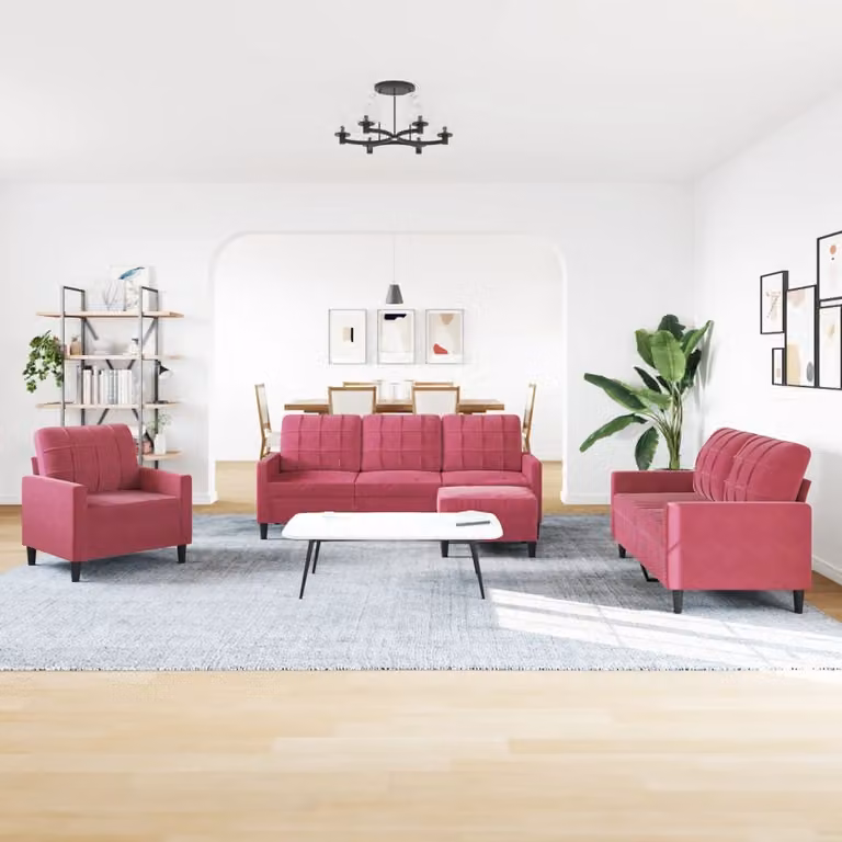 Juego de sofás de 4 piezas vidaXL en terciopelo rojo con cojines y otomana para salón