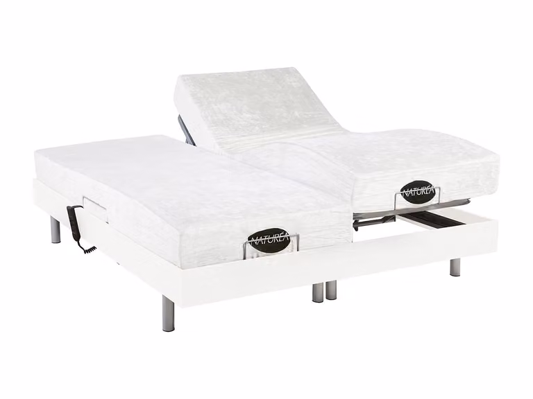 Cama eléctrica de relajación LYSIS III de NATUREA con colchón de memoria de forma y bambú, motores OKIN, color blanco, An/P: 140 x 190 cm