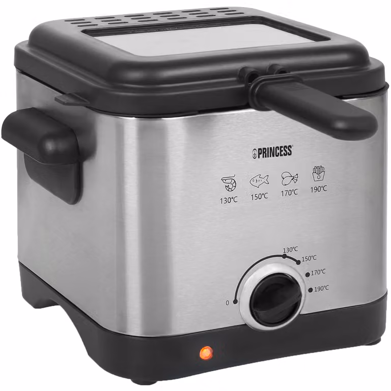 Mini freidora Princess en acero inoxidable color plata y negro con capacidad de 1,5 litros y zona de aceite frío