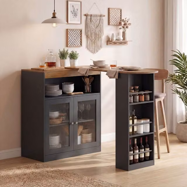 Mesa de bar extensible y giratoria Homcom con estantes y puertas de vidrio, color negro y marrón, An/P/Al: 150 x 80 x 105,5 cm