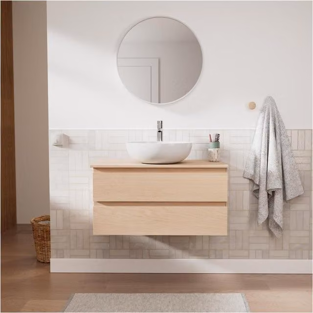 Mueble de baño Sorrento con lavabo y espejo en color roble claro, diseño moderno y montaje a la pared, An/P/Al: 80 x 45 x 46 cm