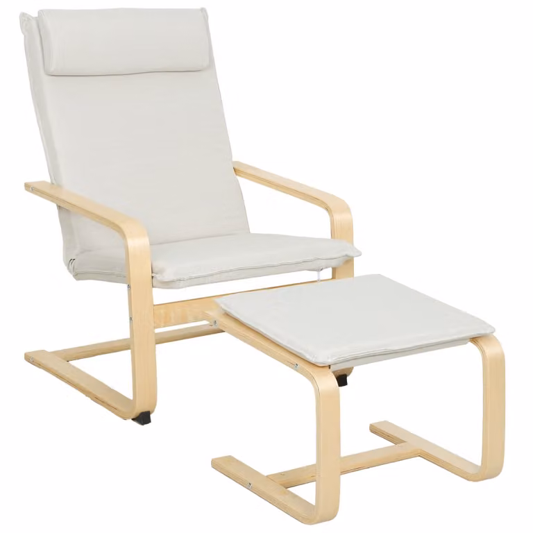 Sillón relax con reposapiés Homcom en lino sintético beige y madera de abedul, An/P/Al: 67 x 78 x 92 cm