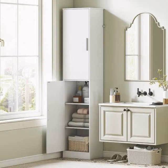 Armario de baño alto REDOM de madera blanca con 2 puertas y estantes internos, An/P/Al: 40 x 35 x 180 cm