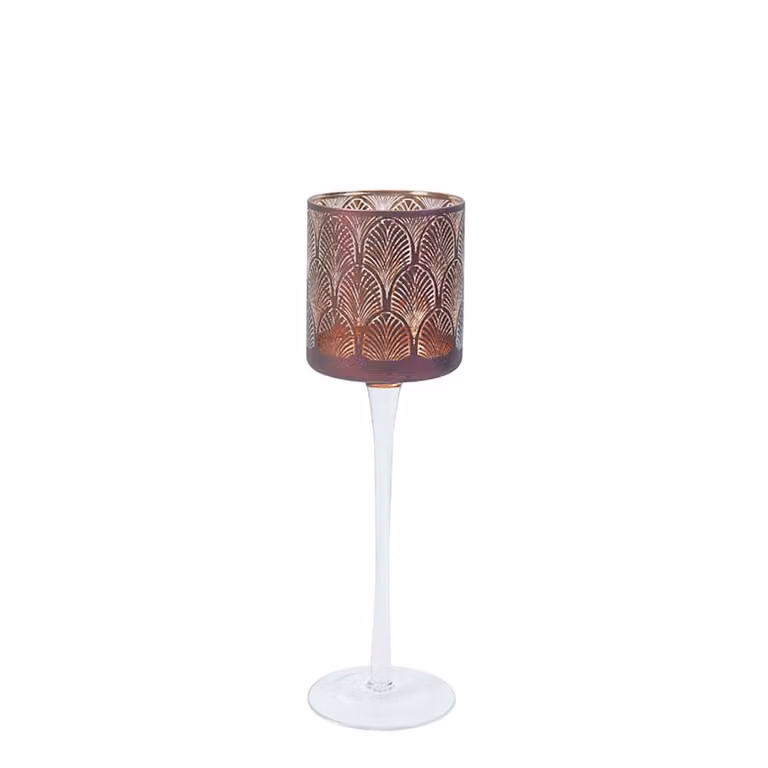 Portavelas decorativo Sia Deco de vidrio con diseño art deco en color rojo y dorado, ideal para tealight, Altura: 25 cm