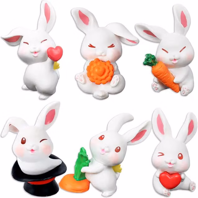 Set de 6 mini conejos decorativos Nazalus de resina blanca para Pascua o jardín