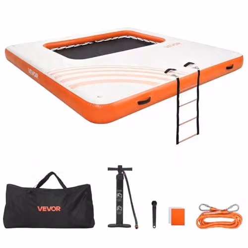 Colchoneta para piscina inflable VEVOR de diseño cuadrado con malla y escalera desmontable, color blanco y naranja, An/P: 305 x 305 cm
