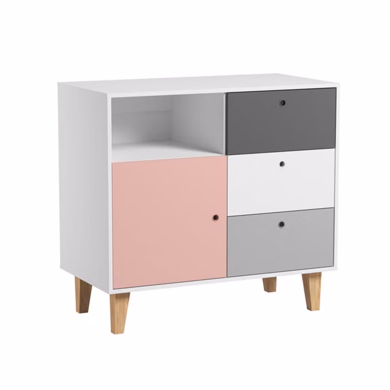 Cómoda de 3 cajones Vox Concept en color rosa y acabado mate para habitación infantil