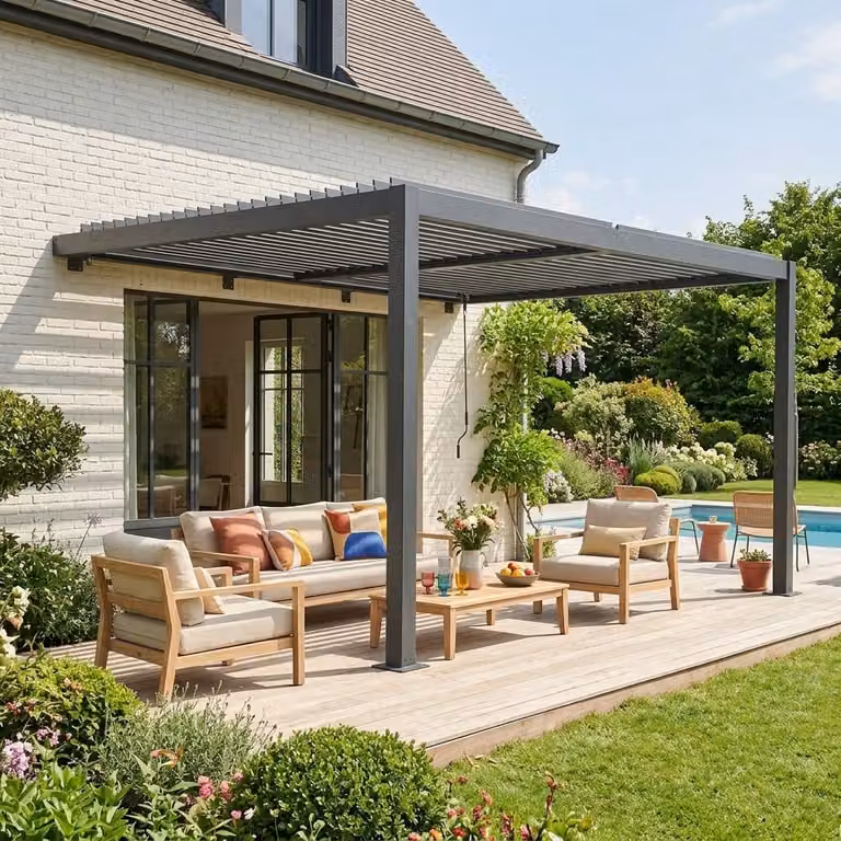 Pérgola bioclimática adosada Sweeek de aluminio con lamas orientables, color antracita, An/P/Al: 400 x 300 x 233 cm