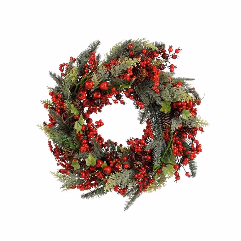 Corona decorativa Norah de Mica Decorations, diseño floral navideño en rojo y verde, An/P/Al: 50 x 50 x 13 cm
