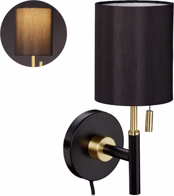 Aplique de pared Relaxdays con pantalla redonda de tela y acabado en negro y dorado, An/P/Al: 32 x 13 x 18 cm
