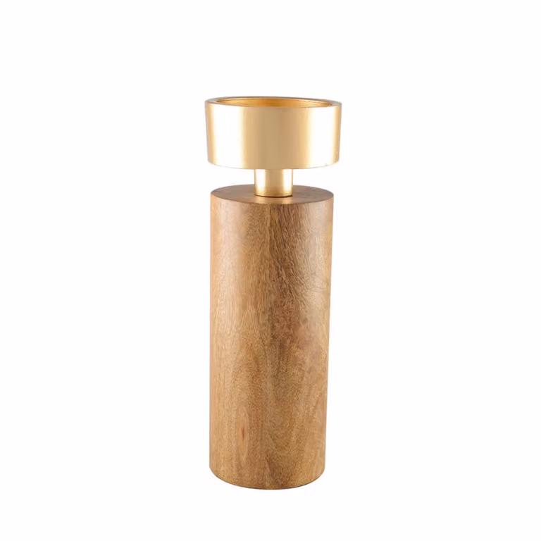 Portavela Aulica de madera y metal en colores dorado y marrón para tealight, Altura: 23 cm