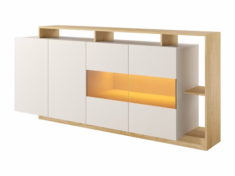 Aparador moderno IDESIA de 4 puertas y 4 huecos con iluminación LED integrada en color beige, An/P/Al: 192 x 43,6 x 73 cm